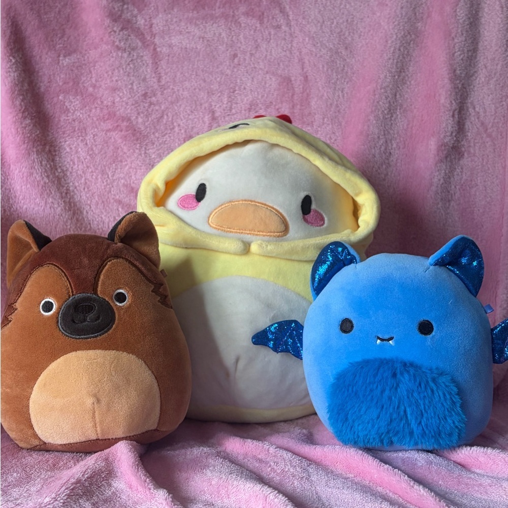 Squishmallow trio - noodles the duck, bat, and dog